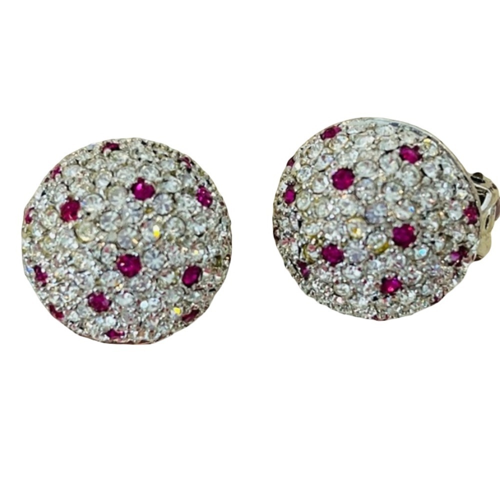 Silver Tone White and Red Crystal Clip On Earrings